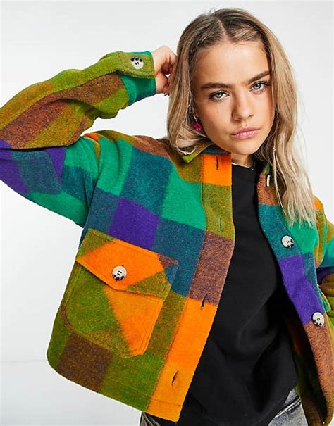 Noisy May Wool Mix Cropped Shacket In Colourful Check Asos