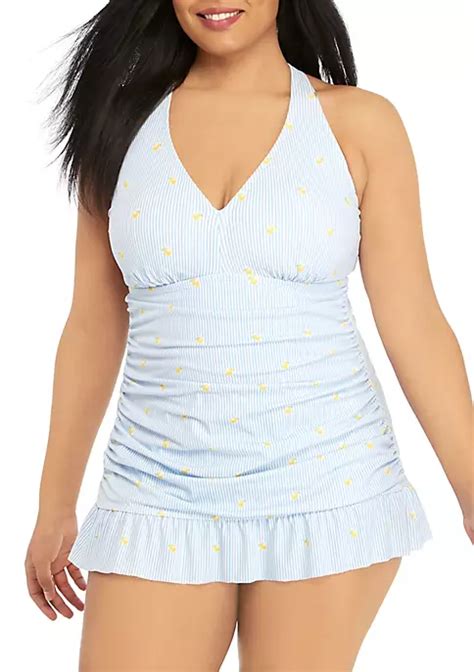 Crown And Ivy Plus Size Stripe Lemon Drop One Piece Swim Dress Belk