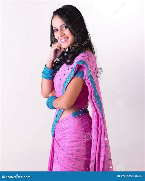 Indian Girl With Pink Sari In Standing Position Stock Image Image Of Female Costume 7721103