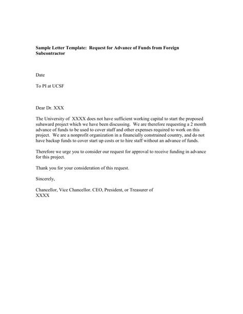 Sample Letter Template Request For Advance Of Funds From