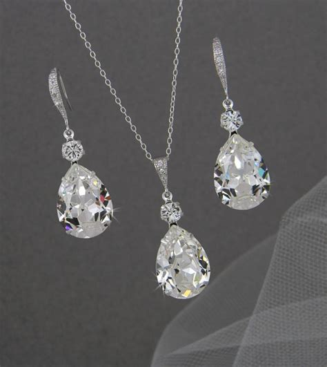 Crystal Pendant Necklace Set Earrings Bridal Jewelry Sterling Silver Sparkly Wedding Jewelry