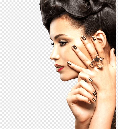 Cosmetics Beauty Parlour Model Manicure Makeup Model Side View Of Woman Wearing Gold Colored