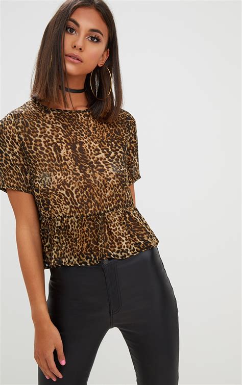 Tan Leopard Print Mesh Frill Sleeve T Shirt Tops Prettylittlething