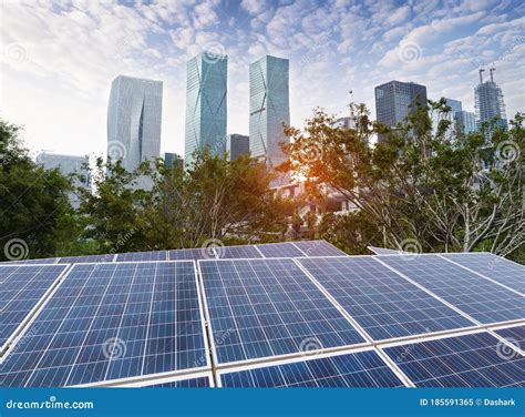 Ecological Energy Renewable Solar Panel Plant With Urban Landscape