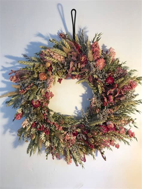 Dried Flower Wreath Made With Pink And Natural Colours Indoor Etsy