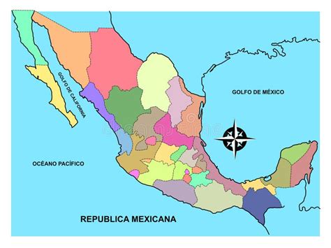 Map Of The Mexican Republic In Color With Political Division Stock
