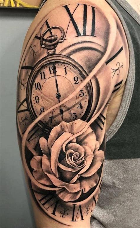 This includes a 'stylized skull' on his. Clock tattoos and roses for men in 2020 | Clock tattoo ...