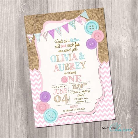 Twins Birthday Invitation Cute As A Button Invitation 1st Etsy