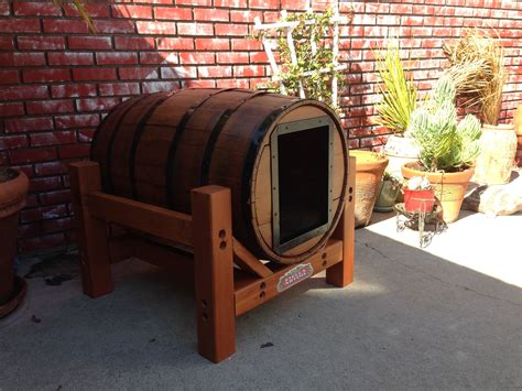 Rustic Whole Wine Barrel Horizontal Dog House Front Door