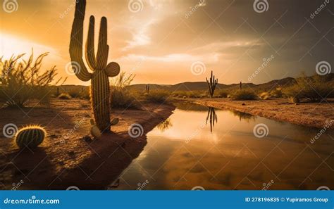 Silhouette Of Saguaro Cactus At Sunset Reflection Generated By Ai Stock