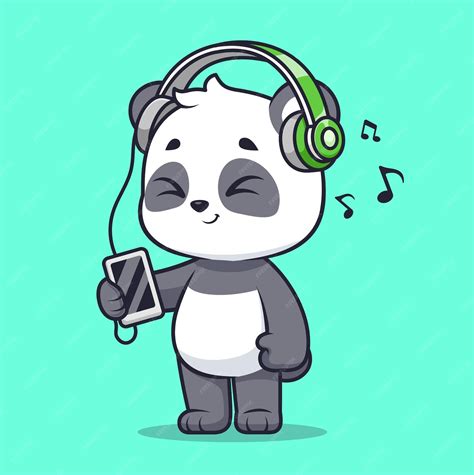 Cute Panda Escuchando Música Con Auriculares Dibujos Animados Vector