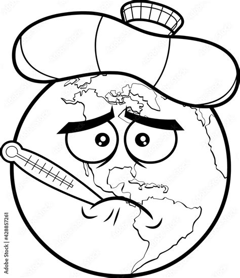 Outlined Sick Earth Globe Cartoon Character With Thermometer And Ice Bag Vector Hand Drawn