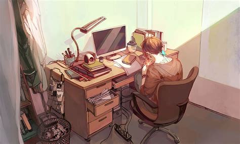 Hd Wallpaper Anime Original Bedroom Boy Computer Desk Wallpaper