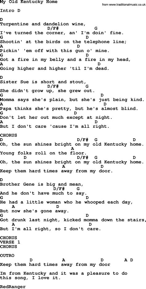 Printable Lyrics To My Old Kentucky Home