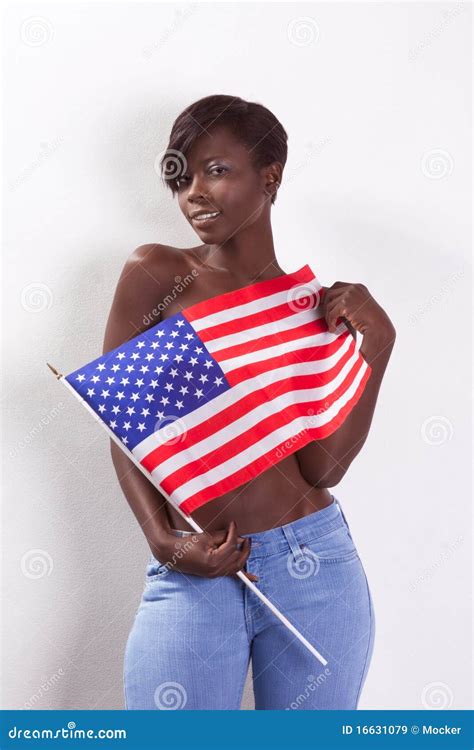 Topless Black Woman With American National Flag Royalty Free Stock