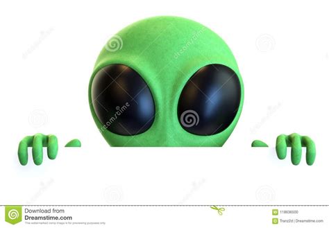 Green Cartoon Alien Peeking Over A Blank Sign Stock Illustration