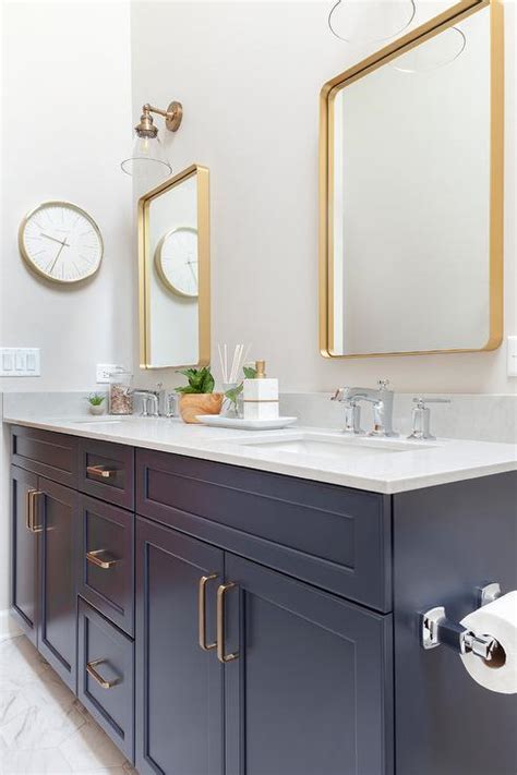 Brass Mirrors Over Blue Dual Bath Vanity Transitional Bathroom