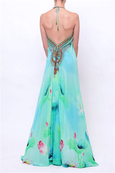 Lotus Flower Print Embellished Silk Maxi In Aqua Green Shahida Parides Dresses Designer