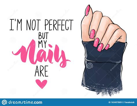 Vector Beautiful Woman Hands With Pink Nail Polish Handwritten Lettering About Nails Stock