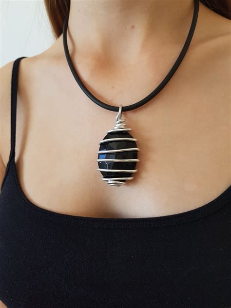 Black Big Pendant Necklace Silver Statement Necklace Wrapped Etsy