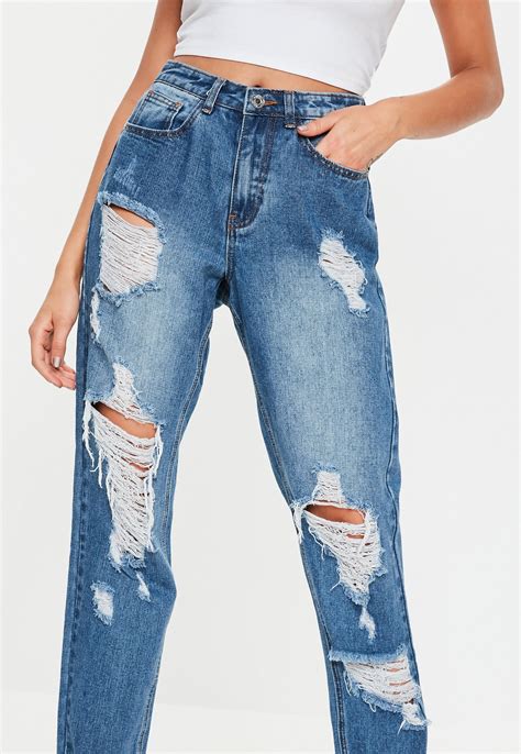Blue Riot High Rise Ripped Denim Mom Jeans Missguided