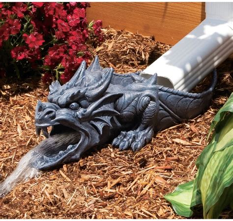 (drain grate) slotted or perforated coverings that run the length of a drain, designed to allow liquid inflow and reduce the (decoratively) in a decorative manner; Evacuation d'eau tête de dragon - Geek