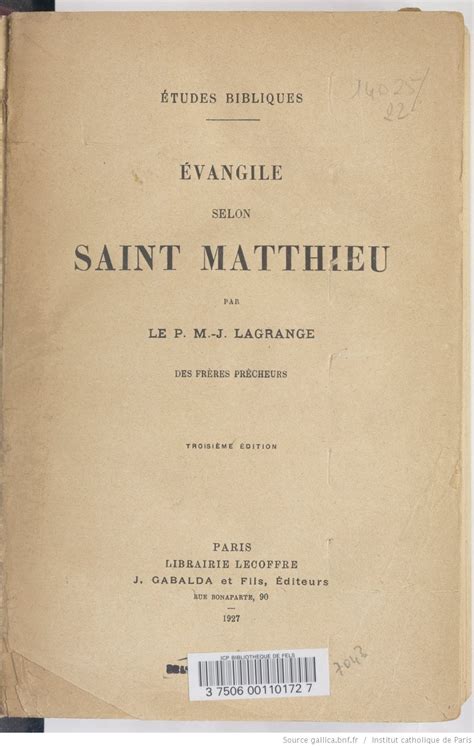 Evangile Selon Saint Matthieu 3e édition Par Le P M J Lagrange Évangile Étude