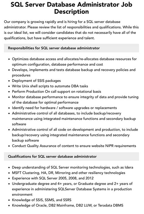 Sql Server Database Administrator Job Description Velvet Jobs