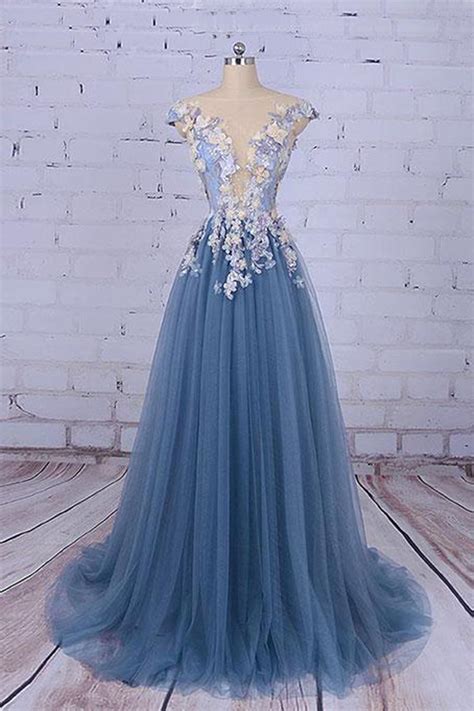Blue Tulle Long Unique Prom Gowns Floral Appliqued Party Dressestulle