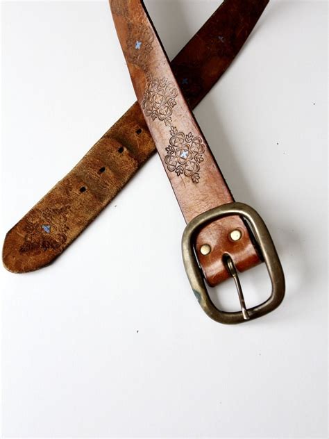 Vintage 70s Tooled Leather Belt Leather Tooling Leather Belt Belt