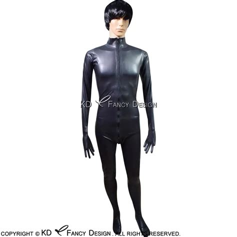 Black Sexy Latex Catsuit With Gloves Feet Socks Front Zipper Rubber
