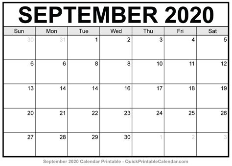 September 2020 Calendar Printable