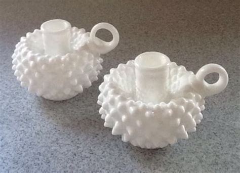 Set Of 2 White Hobnail Milk Glass Candle Holders With Finger Loops Fenton Antique Price