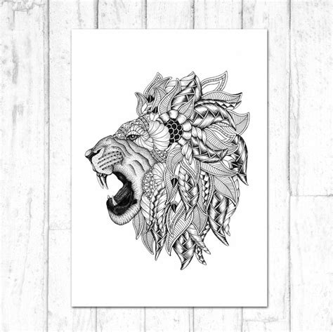 Zentangle Lion Art Print Animal Mandala Illustration Etsy