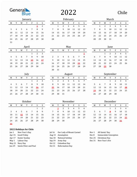 2022 Holiday Calendar For Chile Monday Start