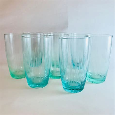 Tall 60s Blue Glasses Set Of 8 Eight Etched 1960s Glass Cyan Aqua Green Big Drinking Glass