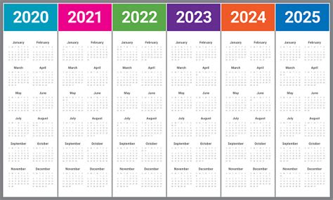 Jahr 2020 2021 2022 2023 2024 2025 Kalender Vektordesignvorlage Stock