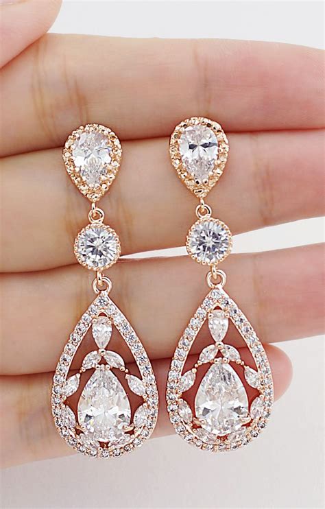 Rose Gold Luxury Cubic Zirconia Floral Drop Earrings Earrings Nation Rose Gold Weddings Blush