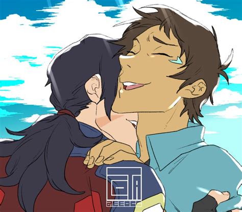 Two Anime Characters Are Kissing In Front Of The Blue Sky And Clouds