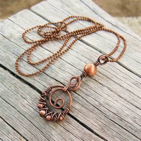 Copper Wire Bead Wrapped Double Swirl Pendant Necklace Etsy Beaded