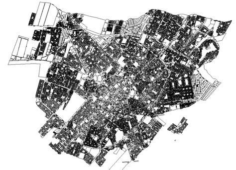 A Black And White Map Of An Area With Lots Of Buildings Roads And Streets