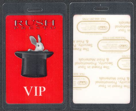 Uncommon Rush Laminated Vip Backstage Pass From The Presto Tour
