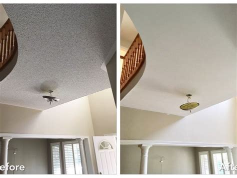 After topping off and sanding, it is wise to prime the ceiling before trying to roll on texture. Removing Popcorn Ceiling Before And After | MyCoffeepot.Org