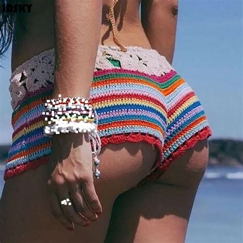 Iasky 2019 New Crochet Colorful Rainbow Beach Shorts Sey Women Knitted Bikini Swimsuit Bathing