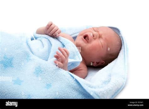 One Week Old Crying Baby In Blanket On White Background Stock Photo Alamy