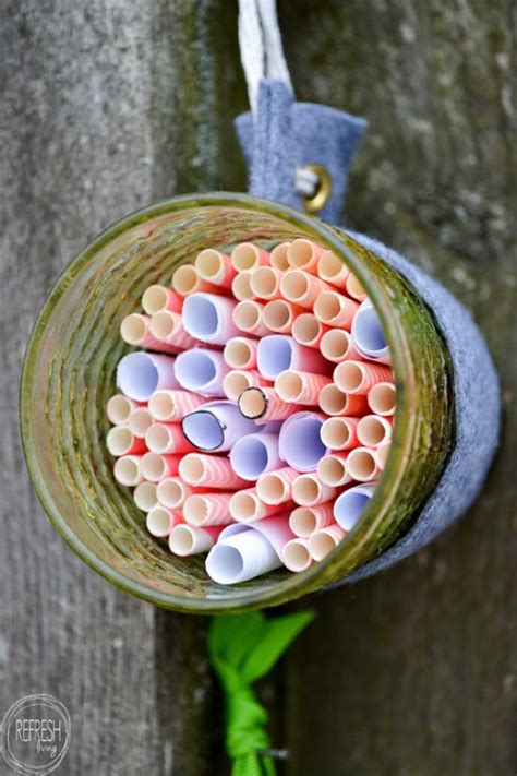 Craft a cute and cozy mason bee home with materials you have on hand. DIY Mason Bee Nest from Old Juice Glasses - Refresh Living