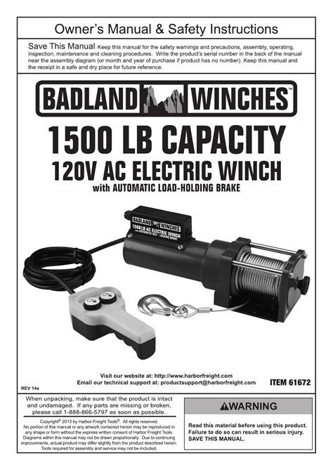 Badland 61672 1500 Lb Capacity 120 Volt Ac Electric Winch Owners