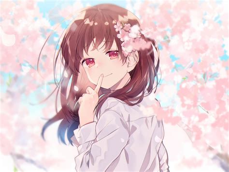 download wallpaper 1600x1200 beautiful anime girl cute cherry flowers standard 4 3