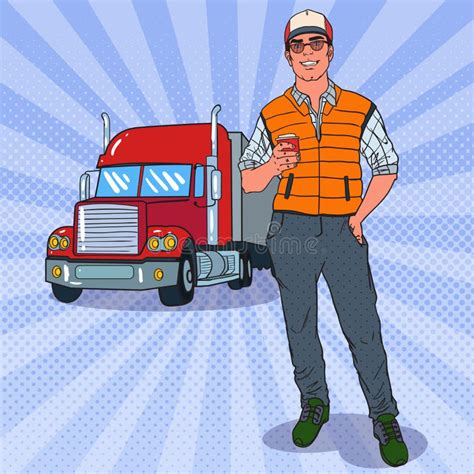Estallido Art Happy Trucker Standing Delante De Un Camión Conductor