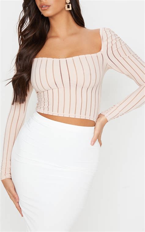 Nude Sheer Rib Ruched Shoulder Crop Top Prettylittlething Il